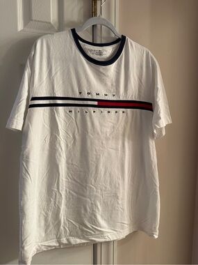 Tommy Hilfiger White Tee with Navy and Red Stripe Logo